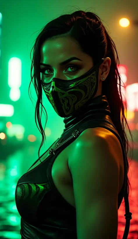 Ana de Armas jade from Mortal Kombat, upper part of the body with its adamantium mask with green details in tribal hyper realistic background with black and gold details in the background a view of the San Francisco bridge with night rain and green and red...