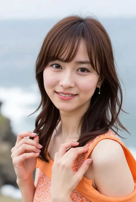 A stunningly beautiful Japanese idol stands at the precipice of Tojinbo’s jagged cliffs, her slender frame bracing against the relentless coastal wind. Her semi-long hair flutters wildly, framing her delicate yet intense expression. She is dressed in a bol...