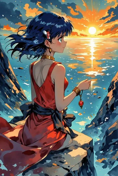 anime-style cinematic medium shot, a young girl with long dark blue hair and a red jewel necklace stands alone on a cliff at sunset, wind gently blowing her hair and dress, she looks toward the vast ocean with teary eyes and a soft smile, holding a small w...