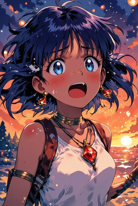 anime-style close-up, a young girl with long dark blue hair and a red jewel necklace, crying uncontrollably with streams of tears flowing down her face, mouth open in a silent wail, eyes squeezed shut with raw emotion, hair wildly tousled by wind, glowing ...
