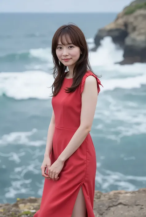 A stunningly beautiful Japanese idol stands at the precipice of Tojinbo’s jagged cliffs, her slender frame bracing against the relentless coastal wind. Her semi-long hair flutters wildly, framing her delicate yet intense expression. She is dressed in a bol...
