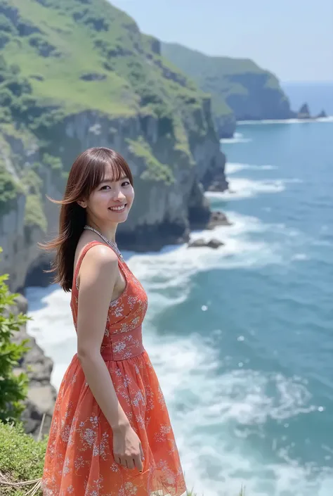 A breathtaking portrait of a stunning Japanese idol girl, standing gracefully at the edge of the towering cliffs of Tojinbo. She has a slender physique and elegant semi-long hair that dances in the coastal breeze. Her vibrant early summer outfit contrasts ...