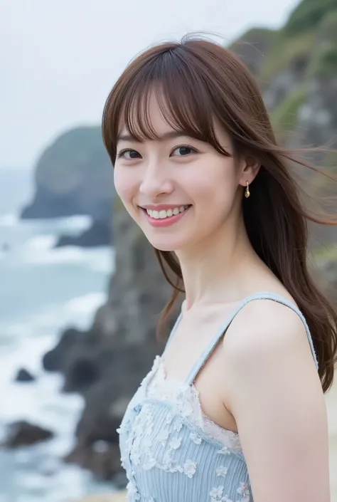 A breathtaking portrait of a stunning Japanese idol girl, standing gracefully at the edge of the towering cliffs of Tojinbo. She has a slender physique and elegant semi-long hair that dances in the coastal breeze. Her vibrant early summer outfit contrasts ...