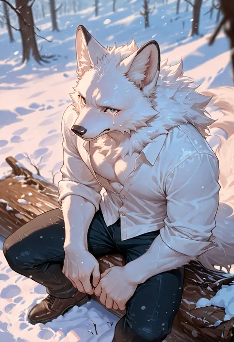realistic, real shadow and light,depth of field, looking at the viewer, Athletic body, commission for high res, anthropomorphic, there is a White Fox, White fur, fluffy, furry, pointy nose, wearing white shirt, snowy, cold weather, freezing, close up, unbu...
