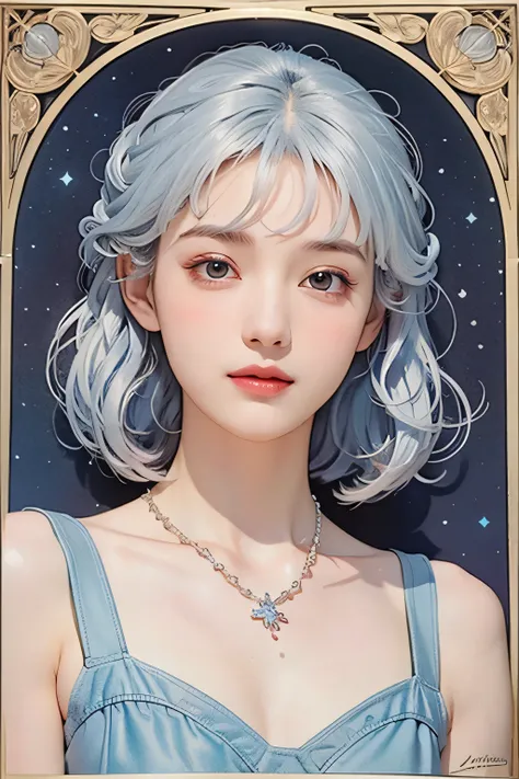 (Beautiful woman with fair skin), (A calm and gentle smile like a girl), Clear light blue eyes, (Medium-length loosely curled silvery white hair), Close-up, Portrait, (Cool-colored shirt), (Slim figure), Small ice necklace, (A cold ice world in cool colors...