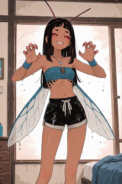 1girl, (((chitin arms))), (((chitin legs))), monster girl, mosquito girl, antennae, mosquito wings, long wings, mosquito abdomen, red eyes, red sclera, 4_arms, 2_legs, parted hair, straight hair, forehead, dark skin, dark-skinned female, bkue tube top, bla...