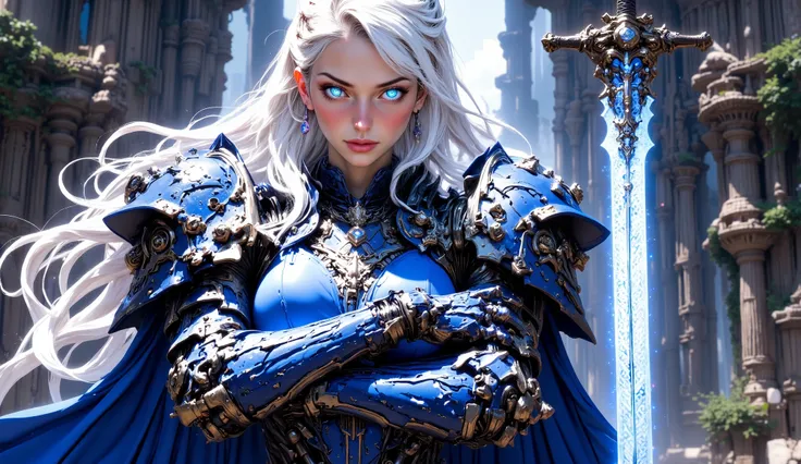 cinematic close-up of a beautiful cyborg woman, White long hair in the tail, in blue mechanical armor, glowing core in the center of her chest. mechanical arms, sharp shoulder armor, arms crossed over the chest,  looking at the camera over his shoulder, fu...