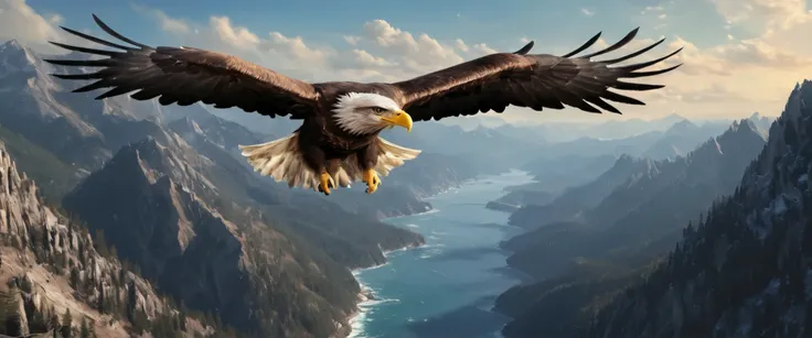 High definition画像で,big eagle의 날개, flying majestically over rugged mountain ranges, American eagle , dynamic, ((( big eagle )))), High definition, Digital Painting, Detailed Image, 4K、rugged mountains and ocean background 。