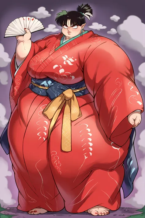 score_9, score_8_up, score_7_up, source_anime, inuyashakagura, kagura, black hair, hair ornament, red eyes, pointy ears, makeup, feathers, feather hair ornament, ponytail, jewelry, earrings, small japanese clothes, small kimono, makeup, small red kimono, g...