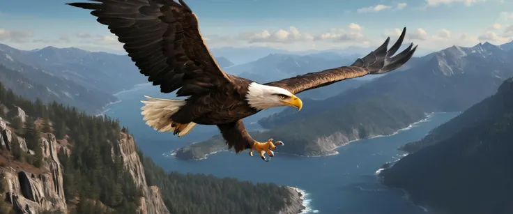 High definition画像で,big eagle의 날개, flying majestically over rugged mountain ranges, American eagle , dynamic, ((( big eagle )))), High definition, Digital Painting, Detailed Image, 4K、rugged mountains and ocean background 。