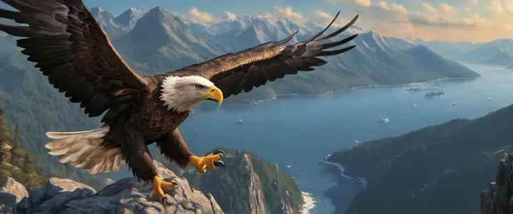 High definition画像で,big eagle의 날개, flying majestically over rugged mountain ranges, American eagle , dynamic, ((( big eagle )))), High definition, Digital Painting, Detailed Image, 4K、rugged mountains and ocean background 。