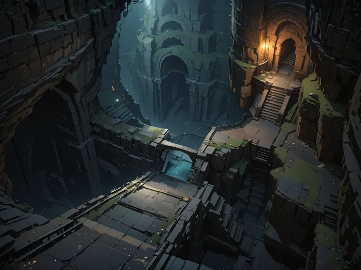 masterpiece, visual novel background, bottom of dungeons and dragons, dark and damp ruins inside a cave with a cliff on the edge, deep and dark abyss, crypt inside a cave with a cliff on the edge, cracked and broken floors, without humans, aerial view, hid...