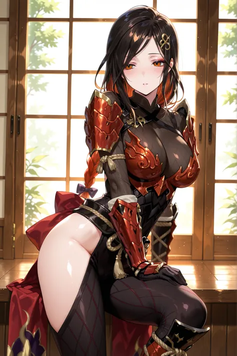 solo,masterpiece,best quality, amazing quality, highres, absurdres, very aesthetic, high resolution, ultra detailed, perfect details,nijitomoe,large breasts,orange eyes,black hair,makeup,long hair,single braid,hair over sholuder,hair ornament, Odogaron Arm...