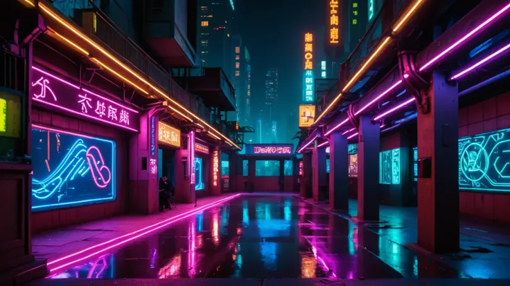 The park at night in a cyberpunk metropolis, neon lighting, famous photographer, intricate details, 