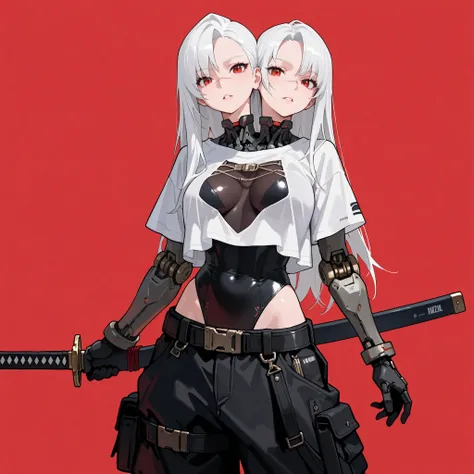 
conjoined, 2girls, 2heads, two heads, a tall thin girls with 2 heads, black and white hair, single sidelock, long hair, close up on heads and shoulders,  red eyes, scar on nose,, black leotard, black pants, baggy pants, pocket, mechanical leotard, white s...