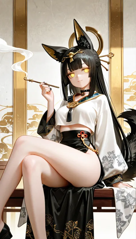 1girl, yellow eyes, jitome, black long stright hair, long bob hair, straight bangs, medium Breast, white clothes, jackal tail, cropped top, white anubis girl, slit skirt, flower pattern, Choker, bare legs, black nail polish, slender body, tall girl, master...