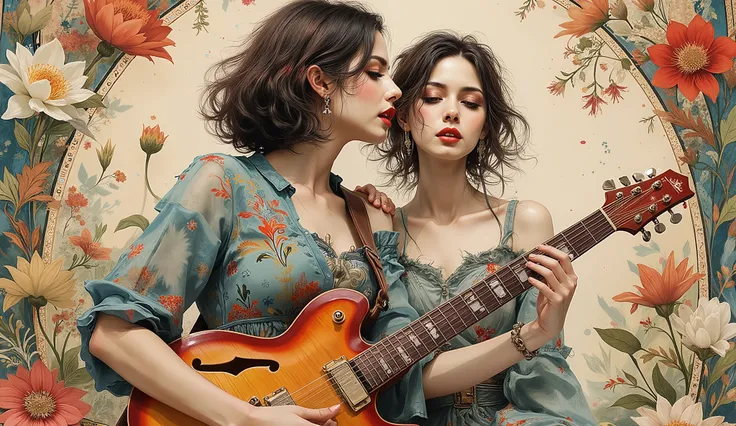 ((最高品質)), ((masterpiece)), ( 詳細),two female persons, guitarist & vocalist , ,30yers old, beauty, information(masterpiece, Best Quality, bst quality, Official Art, beautiful and aesthetic :1.2), ( 1 girl), Extremely Detailed ,( Fractal Art :1.3),colorful,...