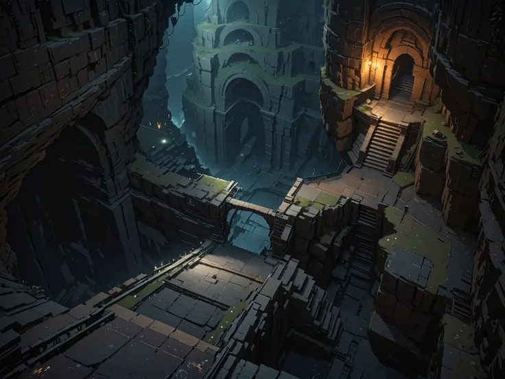 masterpiece, visual novel background, bottom of dungeons and dragons, dark and damp ruins inside a cave with a cliff on the edge, deep and dark abyss, crypt inside a cave with a cliff on the edge, cracked and broken floors, without humans, aerial view, hid...