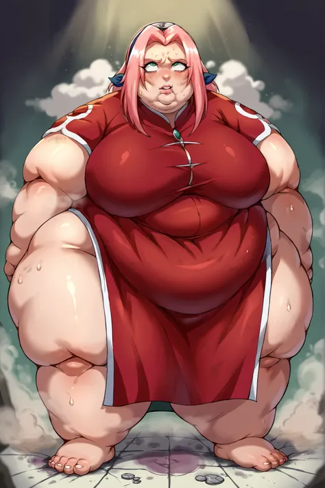 score_9, score_8_up, score_7_up, score_6_up, score_5_up, score_4_up, BREAK, source_anime, 1girl, haruno sakura, pink hair, long hair, green eyes, red shirt, red qipao, short sleeves, giant hands, giant feet, fat, chubby, obese, gigantic arms and legs, giga...