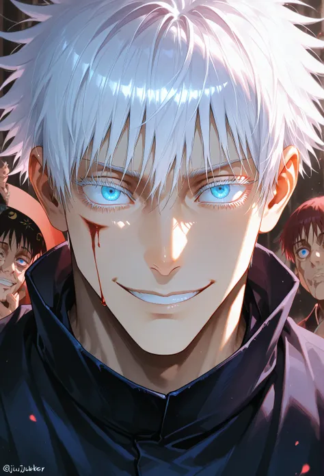 Tear-Jerker Masterpiece" , that made you cry  from  sorrow, the moment 1 man, gojou satoru, jujutsu kaisen, white hair, short hair, smile, sexy man, handsome, mature man, blue eyes, tall and big, winded and  blood every where as dyeing on the ground after being defeated by Ryomen Sukuna.

 