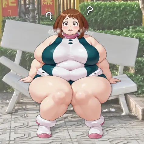 (masterpiece, high quality, amazing detail), highres, 1girl,, Uraraka Ochako, confused, open mouth, look at viewer, stone bench,  fat, chubby, obese, gigantic arms and legs, large breasts open mouth, out of breath 