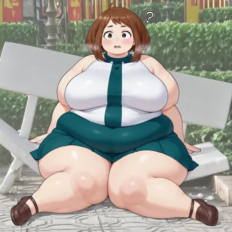 (masterpiece, high quality, amazing detail), highres, 1girl,, Uraraka Ochako, confused, open mouth, look at viewer, stone bench,  fat, chubby, obese, gigantic arms and legs, large breasts open mouth, out of breath 