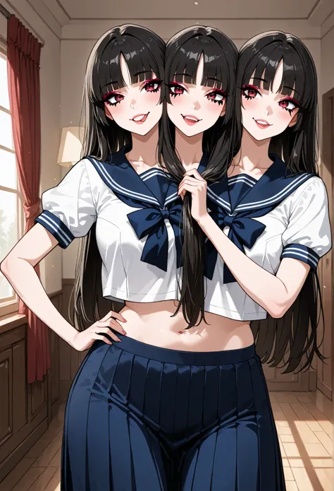 best resolution, 2 heads, woman with two heads, conjoined,tall, black hair curtain bangs with doulder length hair, mm, flirty expression, wearing a sailor uniform, wearing makeup, round faces, midriff, midriff, indoors,