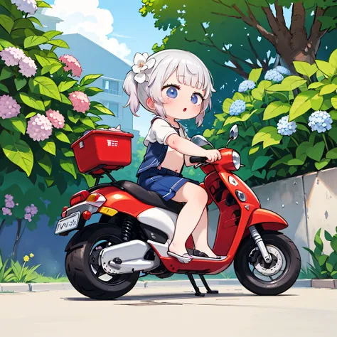 masterpiece，top quality，cute little girl riding a classic little scooter，Early summer hydrangea，