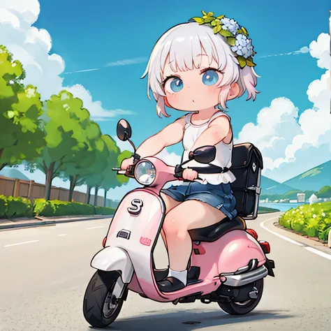 masterpiece，top quality，cute little girl riding a classic little scooter，Early summer hydrangea，