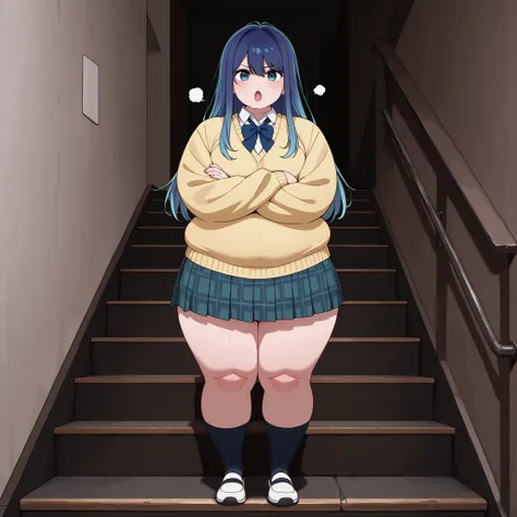 masterpiece, Tops, The newest, SMALL BREASTS, Kurokawa_AKANE_ilxl,  Season2 , atuendobase2, 1girl, blue hair, long hair, blue eyes, , school uniform, long sleeves, white shirt, collared shirt, yellow sweater, blue ribbon, neck tape, falda negra,  plaid ski...