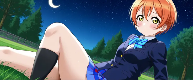 1girl, hoshizora rin, striped, short hair, blush, otonokizaka school uniform, lovelive_rin black blazer, blue plaid skirt, blue stripe bowtie, orange hair, very short hair, hair between eyes, yellow green eyes,knee up,thick thighs,crescent moon, stars (sky...
