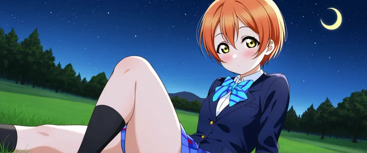 1girl, hoshizora rin, striped, short hair, blush, otonokizaka school uniform, lovelive_rin black blazer, blue plaid skirt, blue stripe bowtie, orange hair, very short hair, hair between eyes, yellow green eyes,knee up,thick thighs,crescent moon, stars (sky...