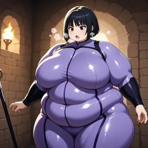 one girl、Black hair, dark eyes, bob cut、wearing a tight purple bodysuit and getting ready for battle、Living Dead is in the background fat, chubby, obese, gigantic arms and legs, large breasts open mouth, out of breath