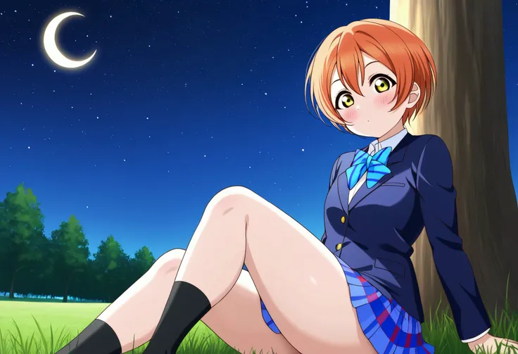 1girl, hoshizora rin, striped, short hair, blush, otonokizaka school uniform, lovelive_rin black blazer, blue plaid skirt, blue stripe bowtie, orange hair, very short hair, hair between eyes, yellow green eyes,knee up,thick thighs,crescent moon, stars (sky...