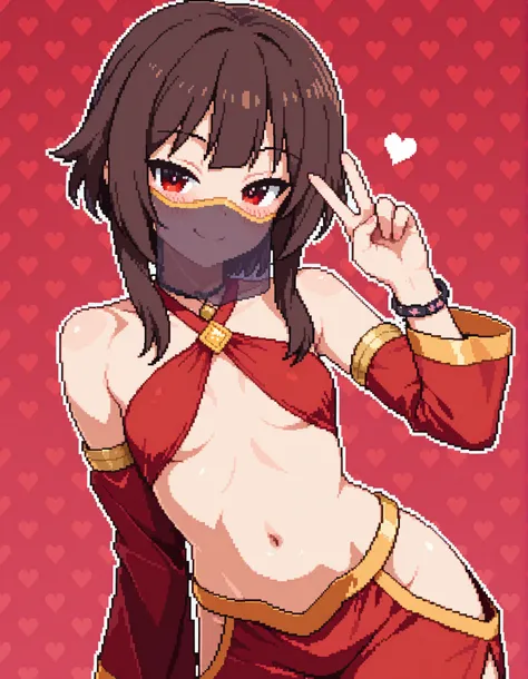 safe, 1girl, solo, Pixel_Art,
kono subarashii sekai ni shukufuku wo!, megumin, red eyes, tsurime, brown hair, short hair, short hair with long locks, sidelocks, small breasts, revealing clothes, harem outfit, mouth veil, collarbone, halterneck, criss-cross...