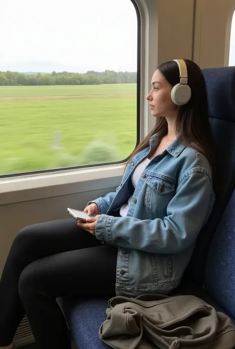 extremely tiny waist, thick legs, extremely wide hips, extremely slim hourglass body, h0u4,Chloe Coutau, She’s seated at a window seat in a moving train, shot from across the aisle on a phone camera at an angle that captures her profile, face half-lit by d...