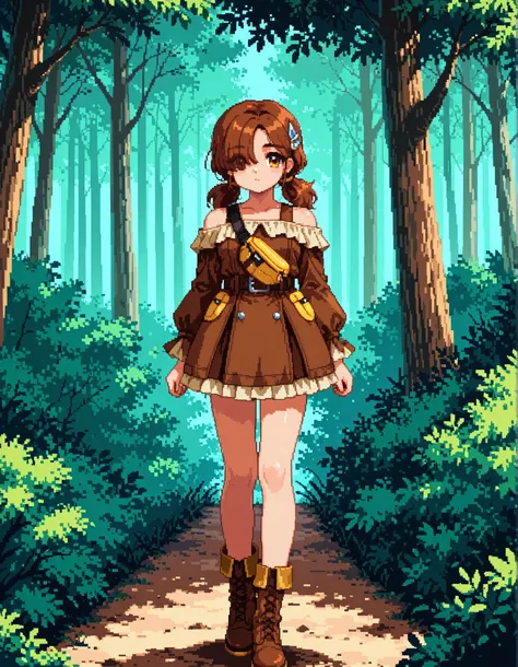 Pixel_Art,
 epicanna, eyes visible through hair, 
brcoatoutfit, brown belt, brown dress, long sleeves, bare shoulders, belt bag, fanny pack, brown boots, frilled dress, layered dress, off-shoulder dress, pleated dress, short dress
defhairstyle, hair orname...