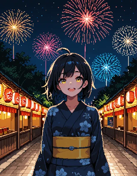 masterpiece, best quality, high resolution, absurdres, 1girl, Pixel_Art, yellow_eyes, black_hair, ahoge, short_hair, small_breasts, kimono, happy, night, festival, outdoors, looking_fireworks