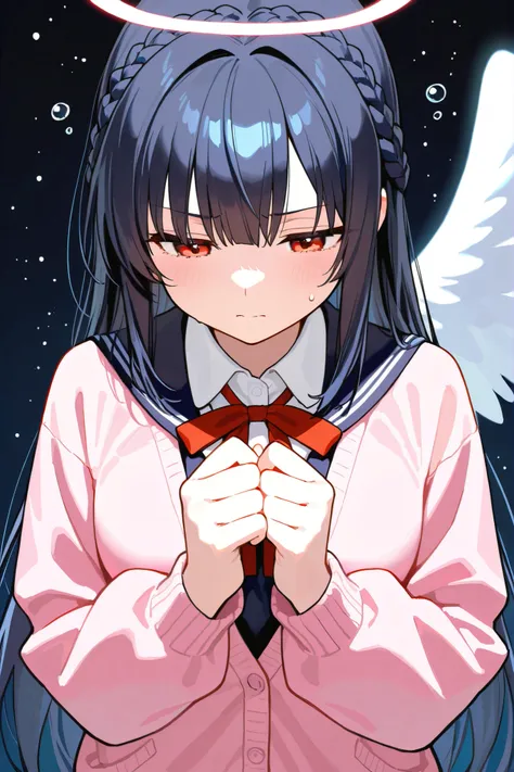 masterpiece:1.2, top quality, perfect_ Anatomy , 1Girl, 彼女はblackの髪をしています, long hair,  hair 黒髪,  Red eyes, Saggy Eyes,  short, straight bangs,Black plain blazer with horizontal hair, over the ears, braided headband, pink solid cardigan with red ribbon, 彼女はb...