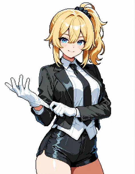 masterpiece, best quality, high resolution, absurdres, 1girl, Pixel_Art, blue_eyes, blonde_hair, side_ponytail, medium_breasts, hair_scrunchie, formal, white_shirt, black_jacket, black_necktie, open_jacket, black_shorts, white_gloves, adjusting_gloves, smi...