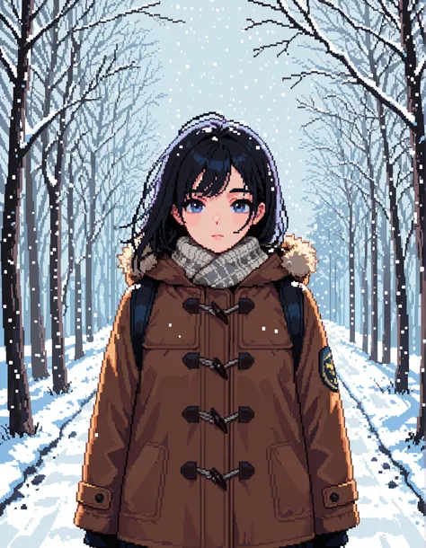 masterpiece, best quality, high resolution, absurdres, 1girl, Pixel_Art, winter, winter_clothes, outdoors, snowing, falling_snow