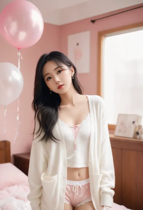 (((Masterpiece, ultra detailed, ultra quality, 8K, RAW Photo, Photo-realistic))), a very realistic anime-style young Asian woman stands in a soft pink themed bedroom. She has long, wavy black hair, fair skin. ((She is wearing a white tank top with the word...