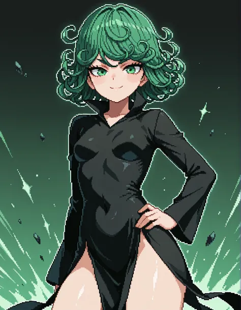 Tatsumaki, pixel_art, 1girl, solo, green_hair, green_eyes, curly_hair, short_hair, black_dress, long_sleeves, smile, hand_on_own_hip