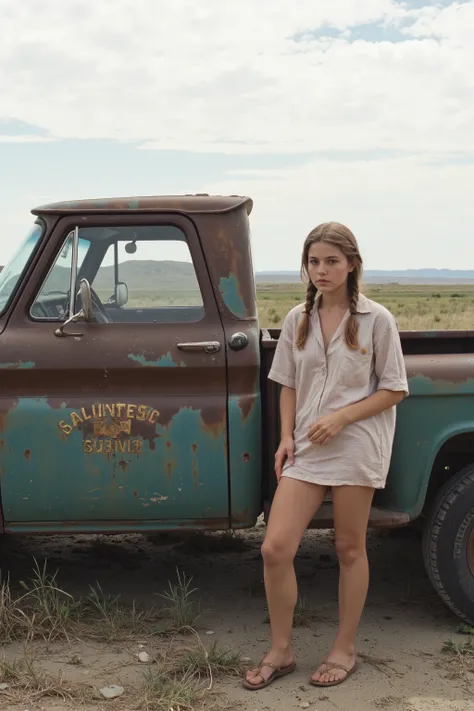 ArsMovieStill, movie still from a 1990s indie movie,60slora,1960s Oklahoma countryside、pickup truck left in a wasteland and rusted、A girl in her early teens who casually braided brownish blond hair、A middle-aged, oversized sheriff approached the girl stand...
