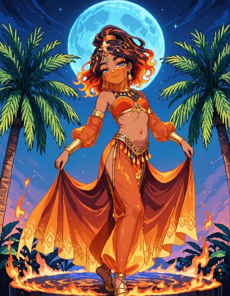 pixel_art, (official art, beautiful and aesthetic:1.2), (1girl), extreme detailed, colorful, (solo), full body, anime, petite arabian djinni woman, brown skin, sky-blue eyes, long bright orange magic hair of fire, jeweled ponytail with jeweled threads on h...