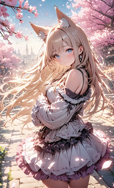 masterpiece、Concept Art、(Very detailed)、 (((masterpiece、top quality、))) 、1 、amazing cherry blossom blizzard background、Multiple cherry trees、( fox ears、off shoulder、platinum blonde、long hair、Ruffle Skirt)、( やわらかなSmile )、 、 dreamy 、 Spectacular Pictures 、S...