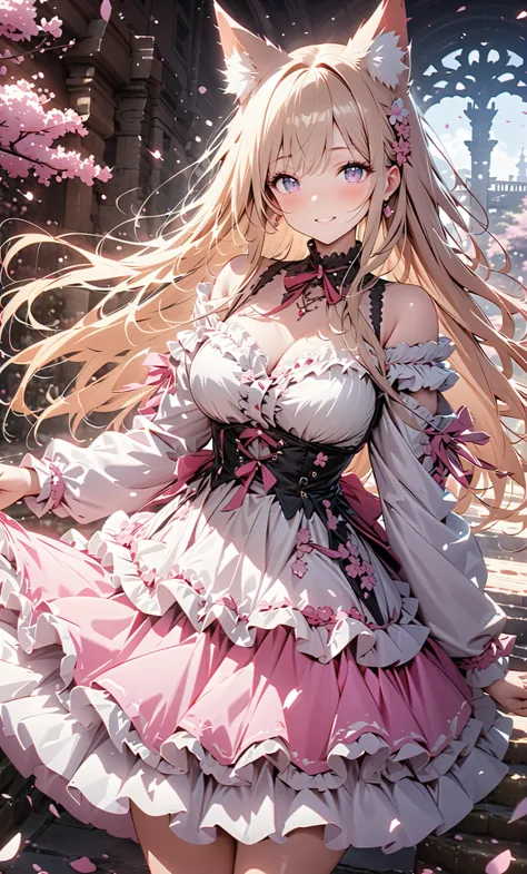 masterpiece、Concept Art、（Very detailed）、 (((masterpiece、top quality、))) 、1 、amazing cherry blossom blizzard background、Multiple cherry trees、( fox ears、off shoulder、platinum blonde、long hair、Ruffle Skirt)、( やわらかなSmile )、 、 dreamy  、 Spectacular Pictures 、S...