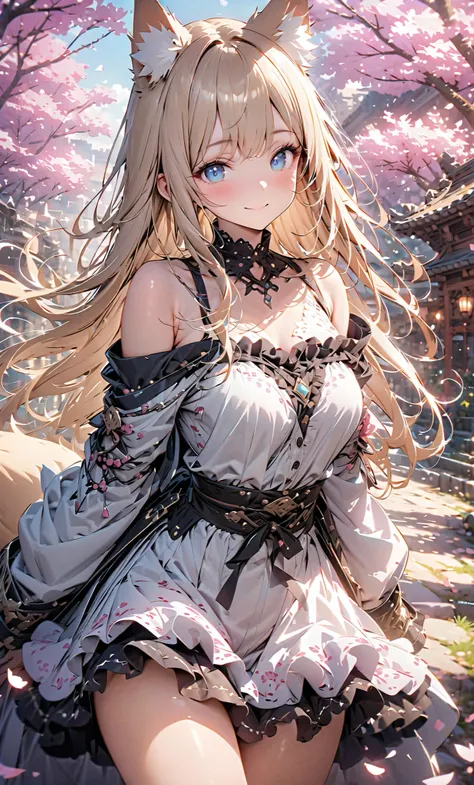 masterpiece、Concept Art、(Very detailed)、 (((masterpiece、top quality、))) 、1 、amazing cherry blossom blizzard background、Multiple cherry trees、( fox ears、off shoulder、platinum blonde、long hair、Ruffle Skirt)、( やわらかなSmile )、 、 dreamy 、 Spectacular Pictures 、S...