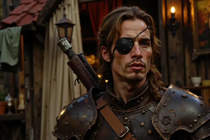a young dreadlocked white man with an eye patch and peg leg. Dressed in cheap leather armor standing in front of a village tavern, still from a fantasy movie, bandit thug photo, frank dillane as a bandit, as a medieval fantasy character, fantasy movie stil...