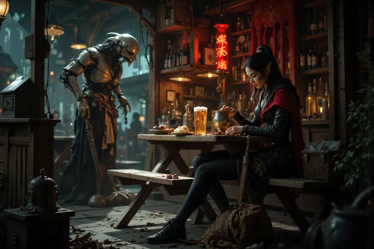 A graceful Asian female elven sorceress, clad in tight layered dark armor and leggings. Sitting at a scarred picnic table in a crowded, rowdy European medieval beergarden surrounded by machine monsters, Her dark hair complements the black ruby and gold ele...